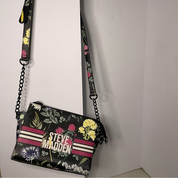 Steve Madden Black Floral Crossbody Chain & Adjustable Strap Zipper Closure EUC - Picture 10 of 11